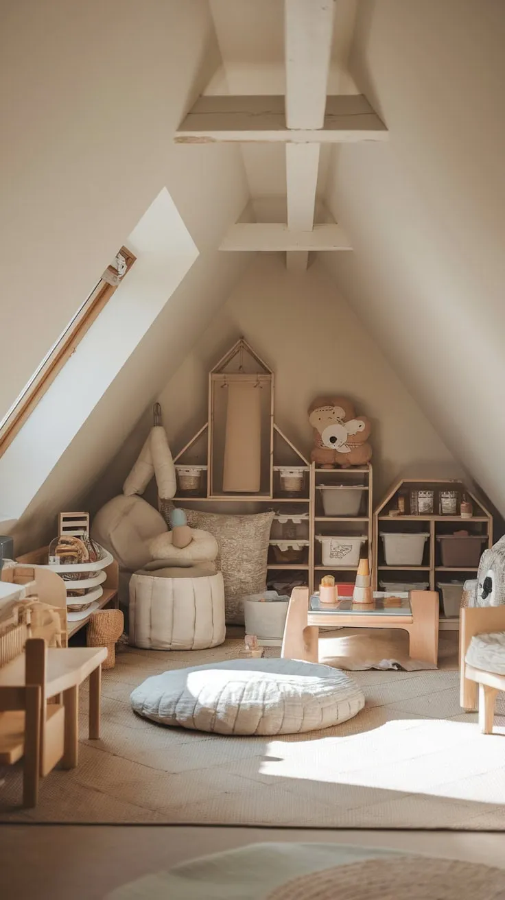 Sunlight streams through the attic window, painting the exposed beams in a golden glow, and the air hums with the promise of adventure as you step into a playroom where imagination takes flight amidst a delightful chaos of well-loved toys and plush cushions.