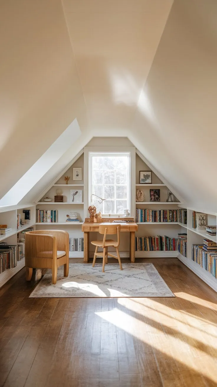 This attic playroom beautifully combines warmth and organization, creating an inviting space where creativity can flourish amidst the charming decor and cozy atmosphere.