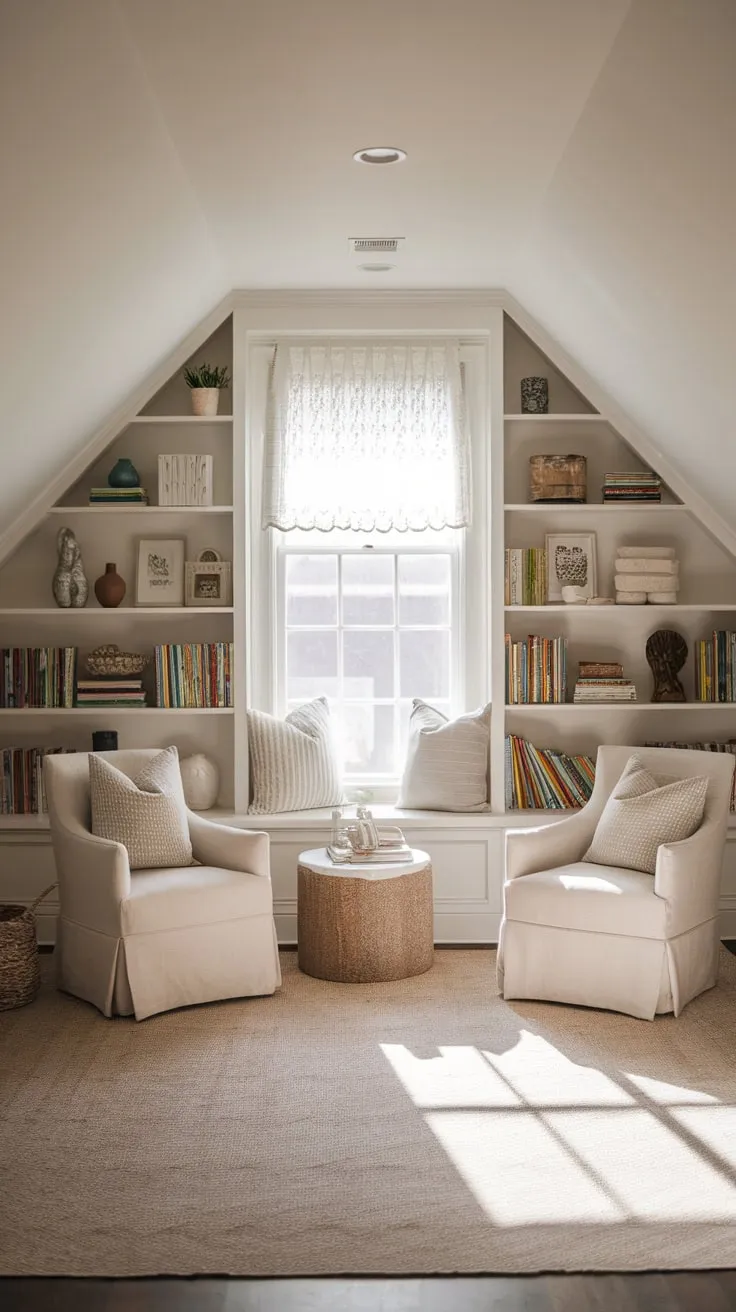The beautifully curated attic playroom whispers promises of endless possibilities; each thoughtfully arranged nook invites you to unleash your imagination and embark on a journey of playful discovery in this serene, inspiring space.