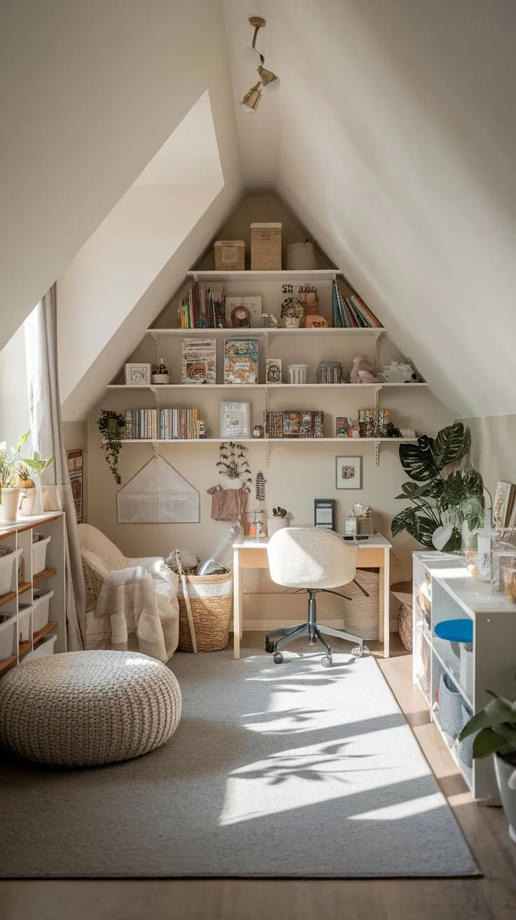 The attic playroom welcomes you with open arms, a haven where comfort sparks creativity, and your imagination takes flight among the thoughtfully placed books, playful toys, and irresistibly cozy touches.