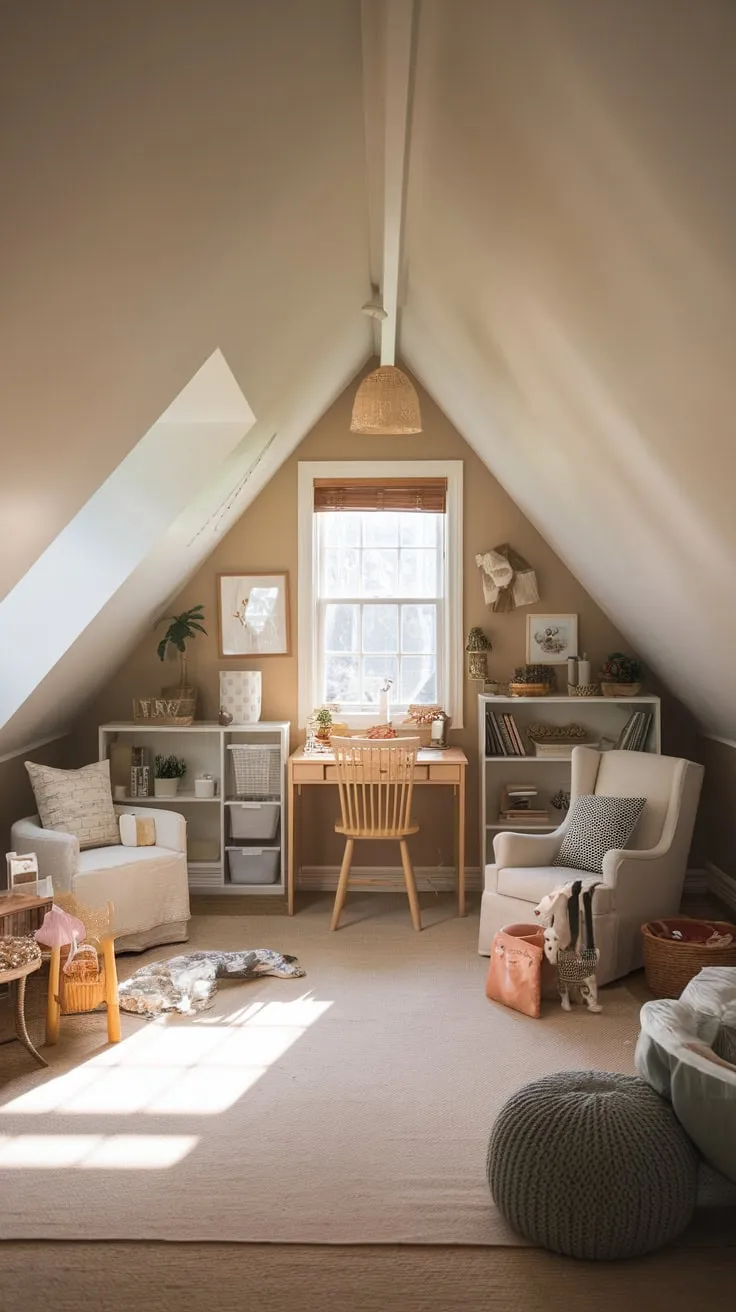 This attic playroom exudes a serene charm, inviting creativity and imagination to flourish in its tidy, neutral-toned space.