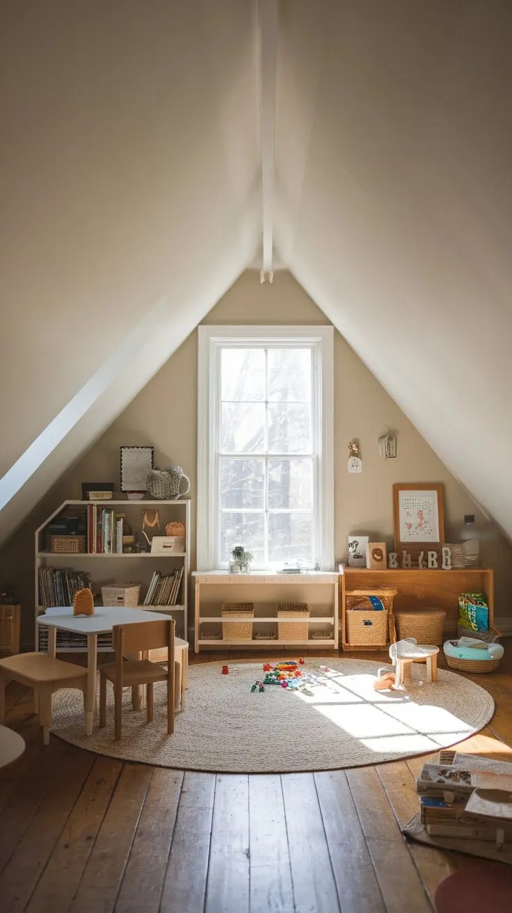 The attic air hums with a quiet energy, a blend of cozy warmth and uncluttered space that beckons you inside; surrounded by well-loved books and the colorful chaos of childhood, you feel a spark ignite, ready to lose yourself in the boundless possibilities of play.