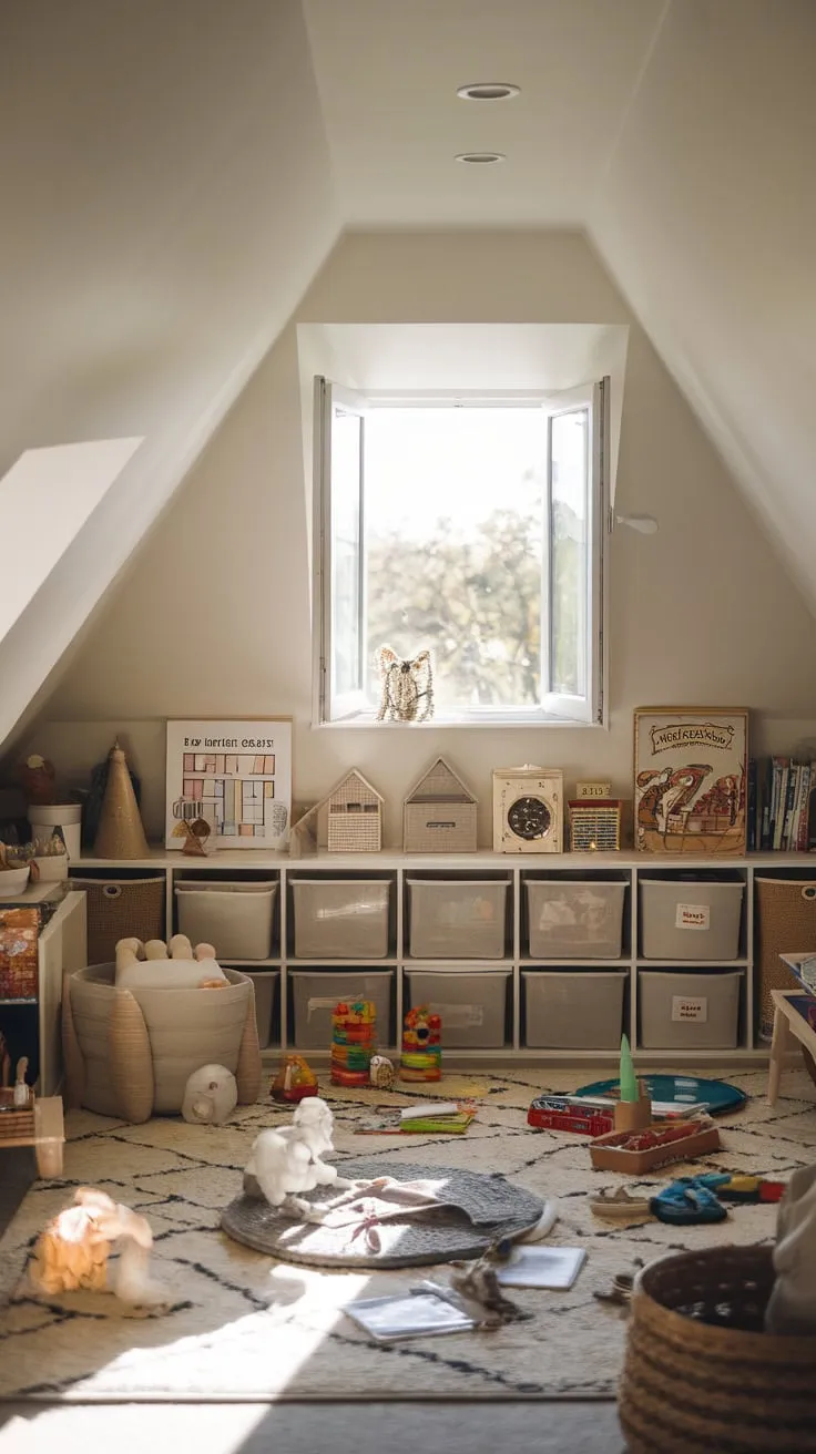 Step into the attic playroom, a beautifully curated space where neutral hues meet an open layout, and watch as your imagination takes flight, transforming the room into a stage for endless adventures.
