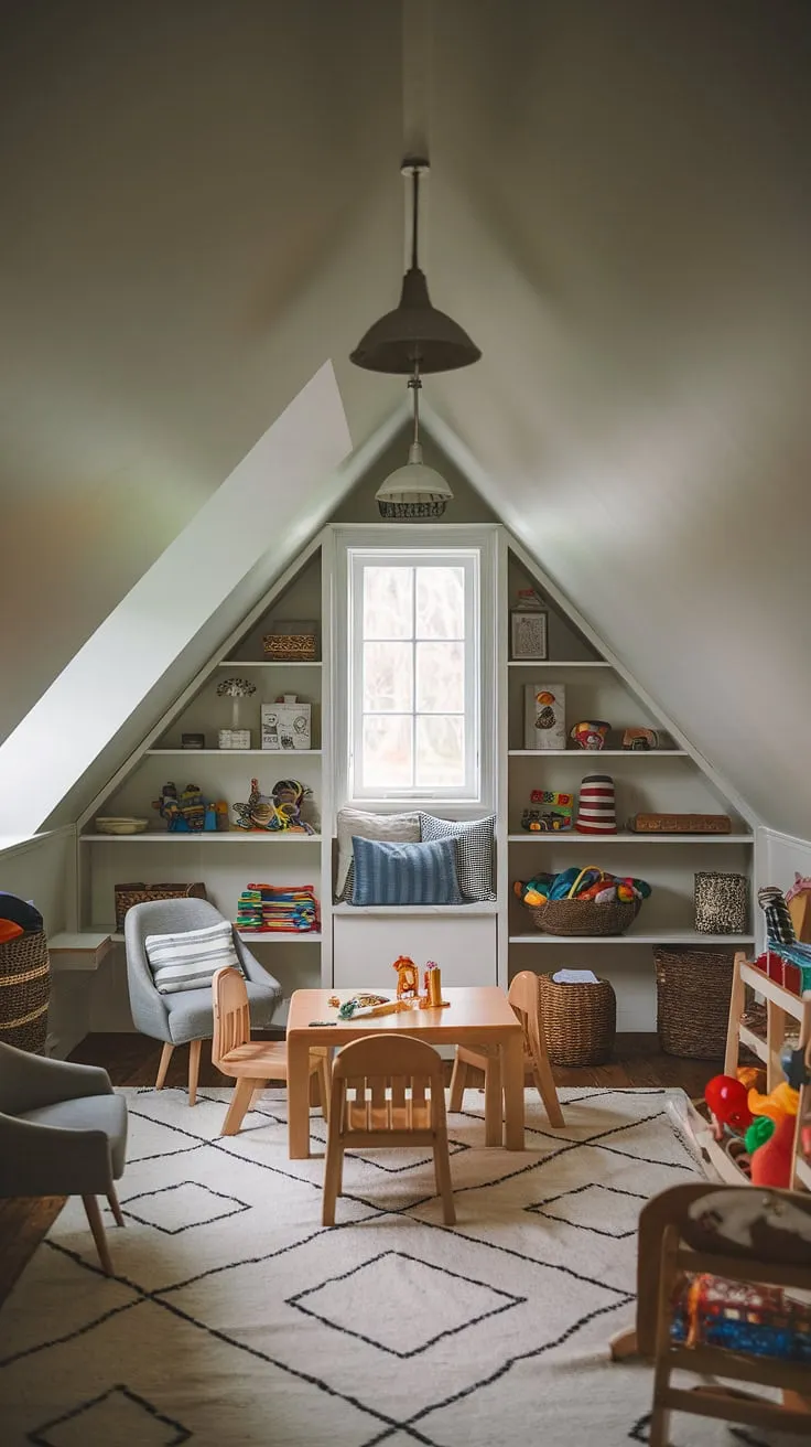 A charming attic playroom, perfectly designed for imaginative adventures. The sloped ceiling adds character to this kids' attic room, while the thoughtfully arranged furniture and toy shelves create a functional and fun small attic playroom. This attic bedroom, a delightful loft playroom, shows how a little creativity can turn an unused attic room into a child's dream space.