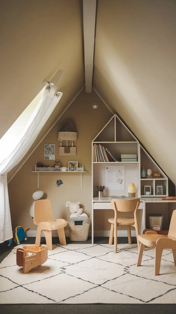 This cozy attic playroom, a haven tucked under the sloped ceiling, perfectly balances functionality and fun.  The loft bed, desk, and bookshelf create a charming kids attic room, maximizing space in this small attic playroom.  It's the ultimate loft playroom and attic bedroom, all in one.