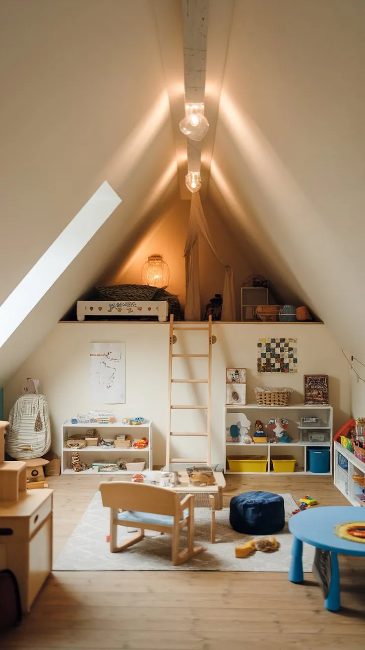 A charming attic bedroom, cleverly converted into a delightful attic playroom. This sloped ceiling playroom, though small, is packed with fun, offering a unique and enchanting space for kids to explore and play.  The added loft provides an extra layer of adventure in this kids' attic room.