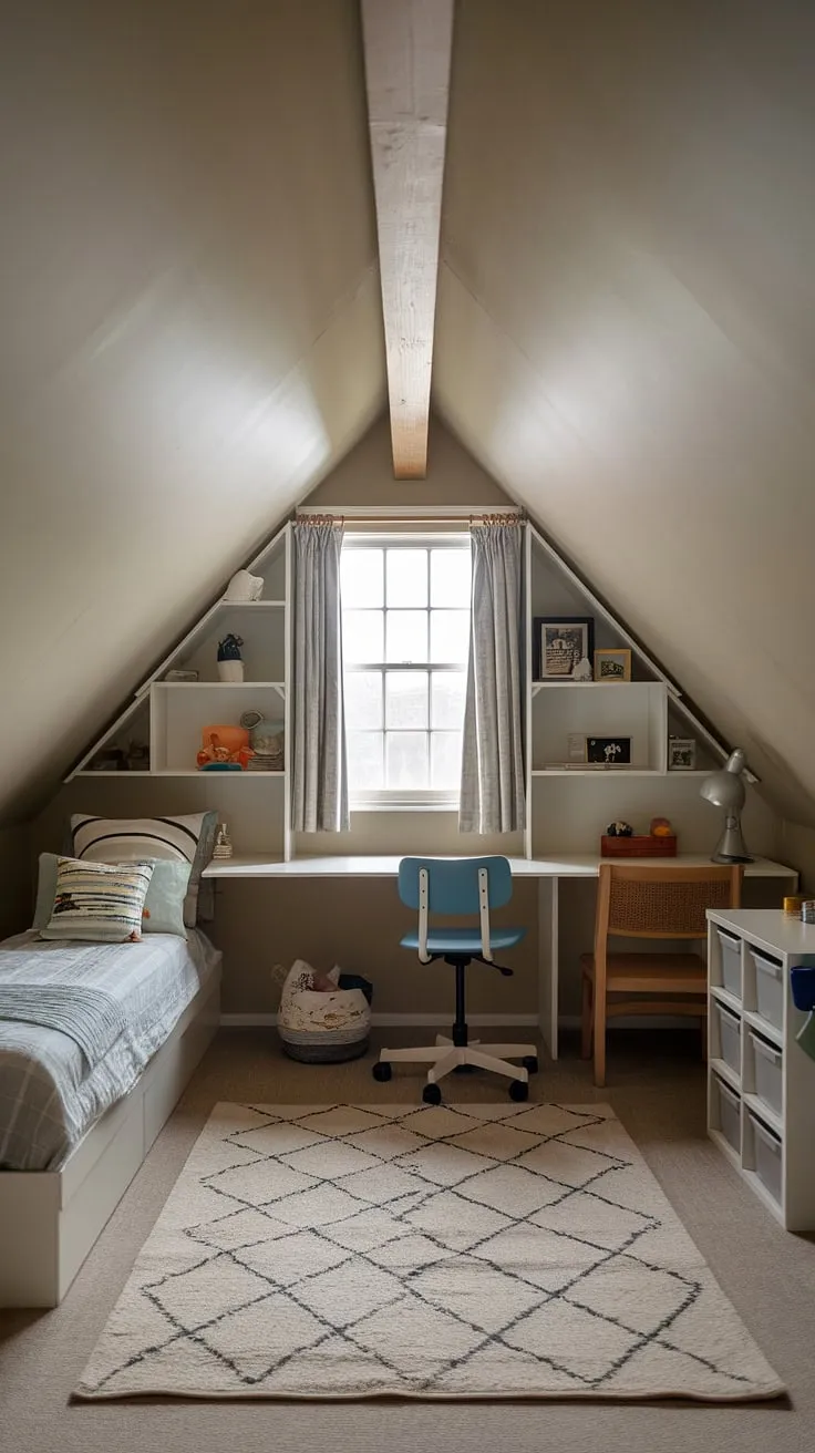 This attic room transforms into a magical attic playroom, complete with a comfy bed and a desk for quiet study.  The sloped ceiling playroom design maximizes space in this delightful kids attic room, a perfect small attic playroom for imaginative play.