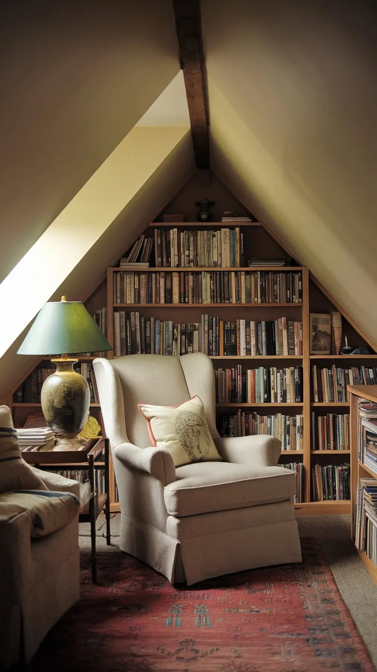 Escape to this cozy attic reading nook, nestled under the slanted ceiling and bathed in the warm light from the dormer window. A comfortable chair, inviting throw pillow, and a nearby lamp create the perfect atmosphere for getting lost in a good book within this small attic library. The bay window reading nook offers a tranquil spot to enjoy the view while curled up with your favorite novel. This upstairs reading nook is a true sanctuary.