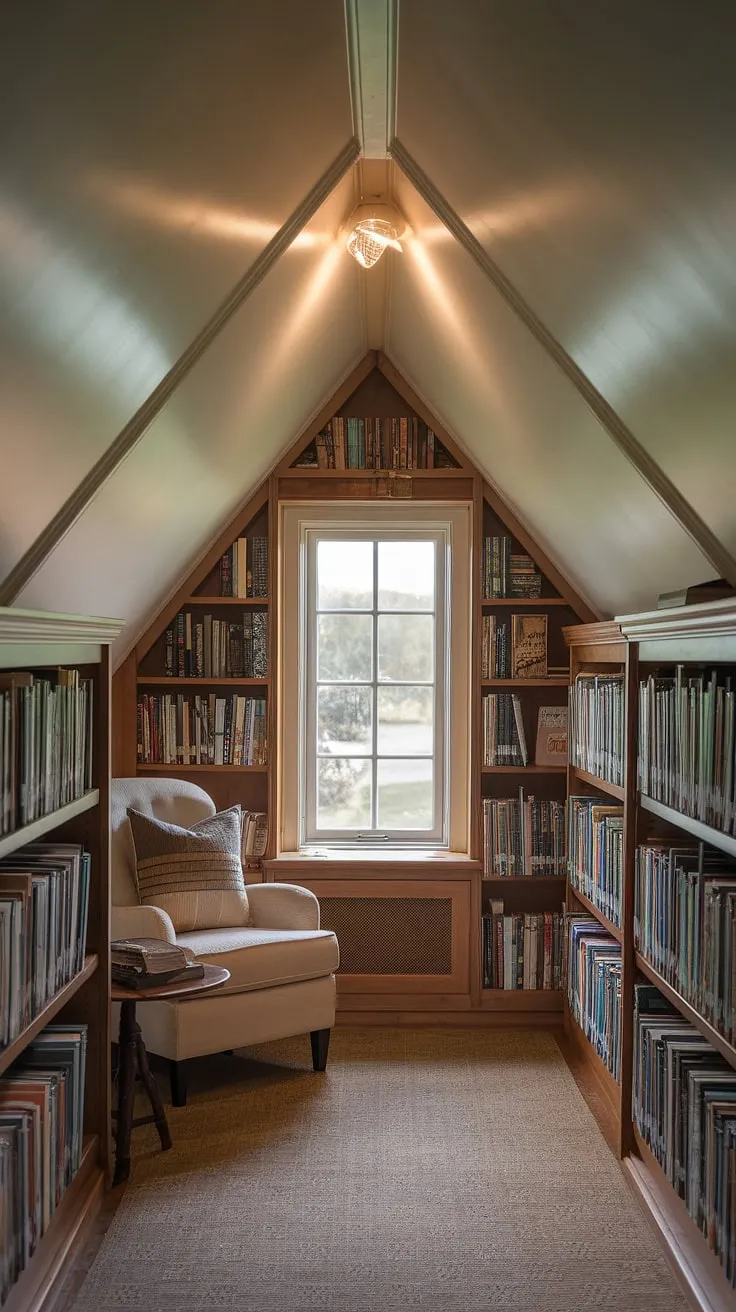 This attic reading nook, tucked away in a dormer window of a small attic library, is the epitome of cozy. The slanted ceiling reading nook provides a unique and intimate space, bathed in warm light. A reading nook by window, this bay window reading nook offers a delightful view, making it the ideal spot to curl up with a favorite novel.