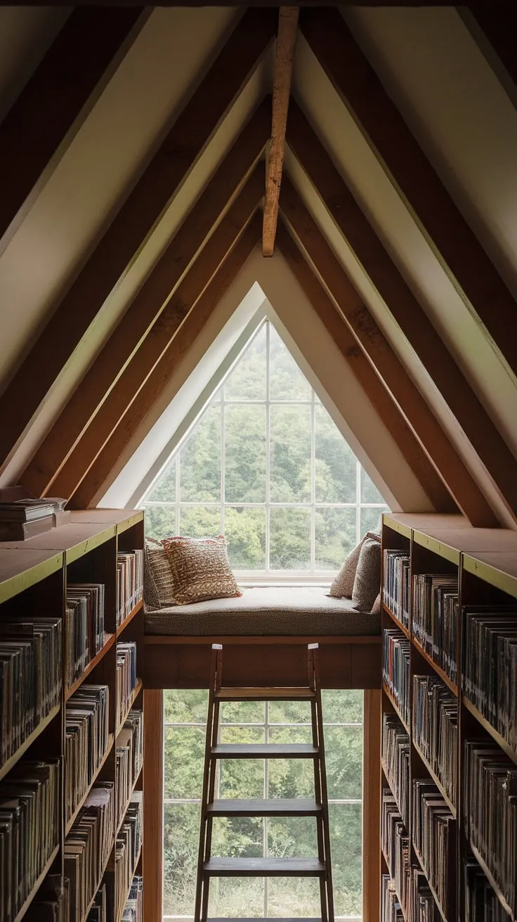 My little slice of heaven: a small attic library with a slanted ceiling reading nook, perfect for losing yourself in a good book. This reading nook by window offers the ultimate escape in my upstairs reading nook.