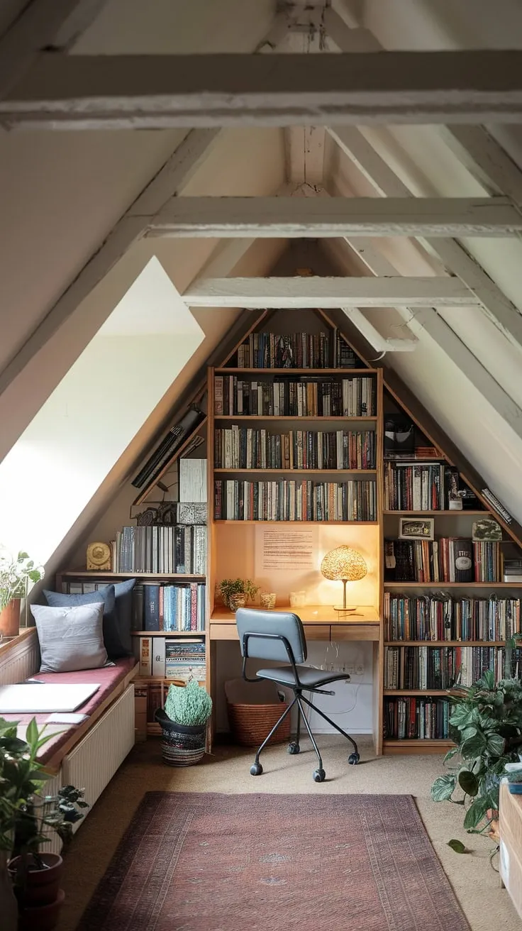 Sunlight streams into this charming dormer reading nook, illuminating the small attic library nestled beneath the slanted ceiling. A cozy chair sits beside a window seat, perfect for curling up with a good book, while a nearby bookshelf overflows with literary treasures. This upstairs reading nook, complete with a desk and lamp, offers the perfect escape.