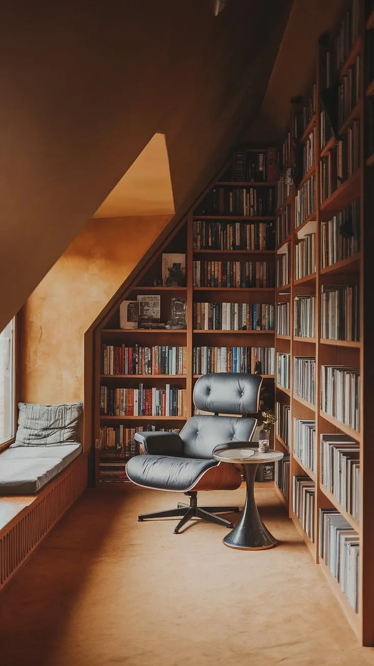Escape to this idyllic attic reading nook, nestled beneath a slanted ceiling. A reading nook by window, complete with a built-in seat, complements the cozy chair and nearby small attic library. This upstairs reading nook, a delightful dormer reading nook, is the perfect sanctuary for book lovers.