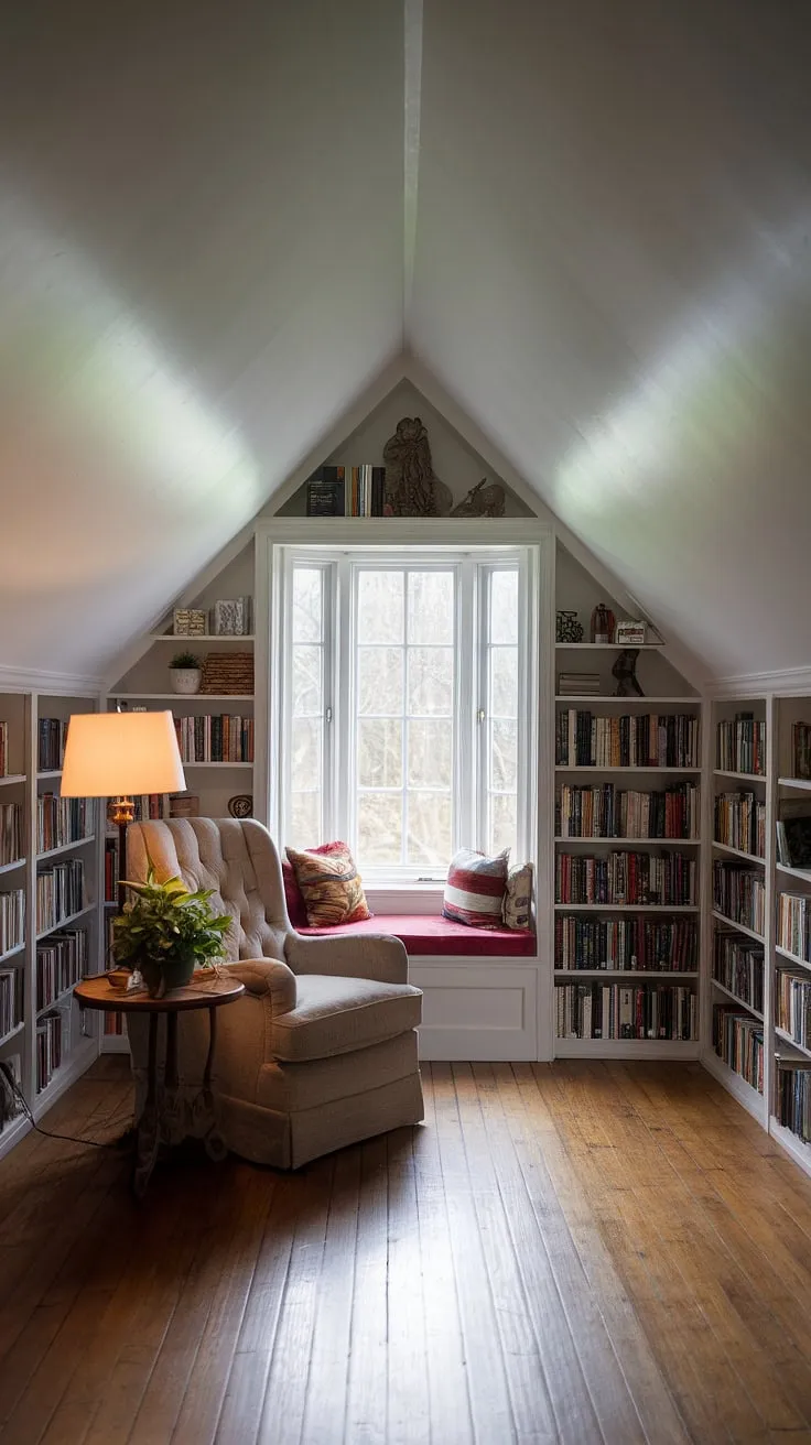 Escape to this idyllic attic reading nook, nestled beneath a slanted ceiling and bathed in natural light from the bay window reading nook. The small attic library, with its built-in bookshelves, surrounds a plush armchair perfect for curling up with a good book. A dormer window adds to the charm of this upstairs reading nook, complete with a cozy window seat and a side table holding a lamp and a touch of greenery.