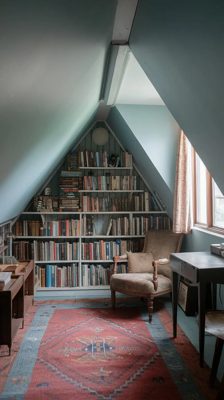My upstairs reading nook, a cozy haven tucked away in the attic. This slanted ceiling reading nook, complete with a bay window reading nook and a small attic library, is my happy place.