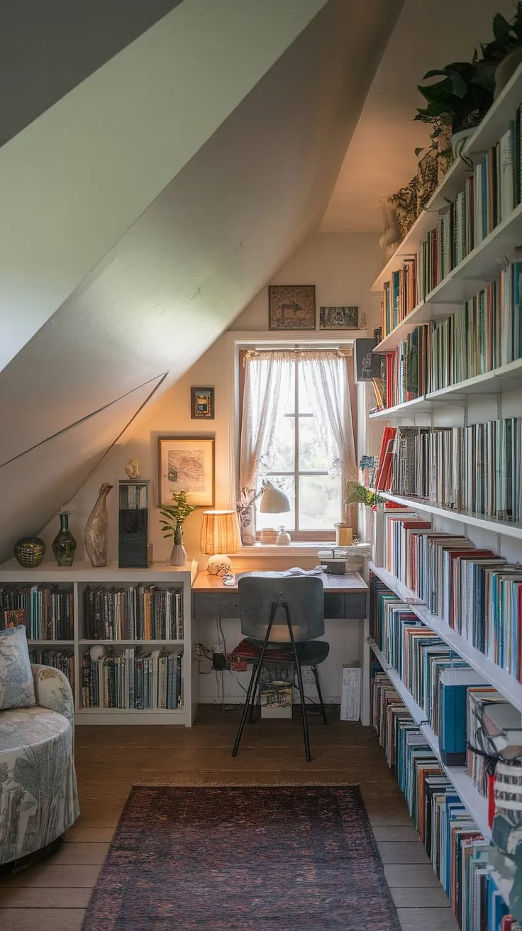 My cozy attic reading nook, complete with slanted ceiling and a bay window reading nook, is my happy place. This small attic library offers the perfect escape.