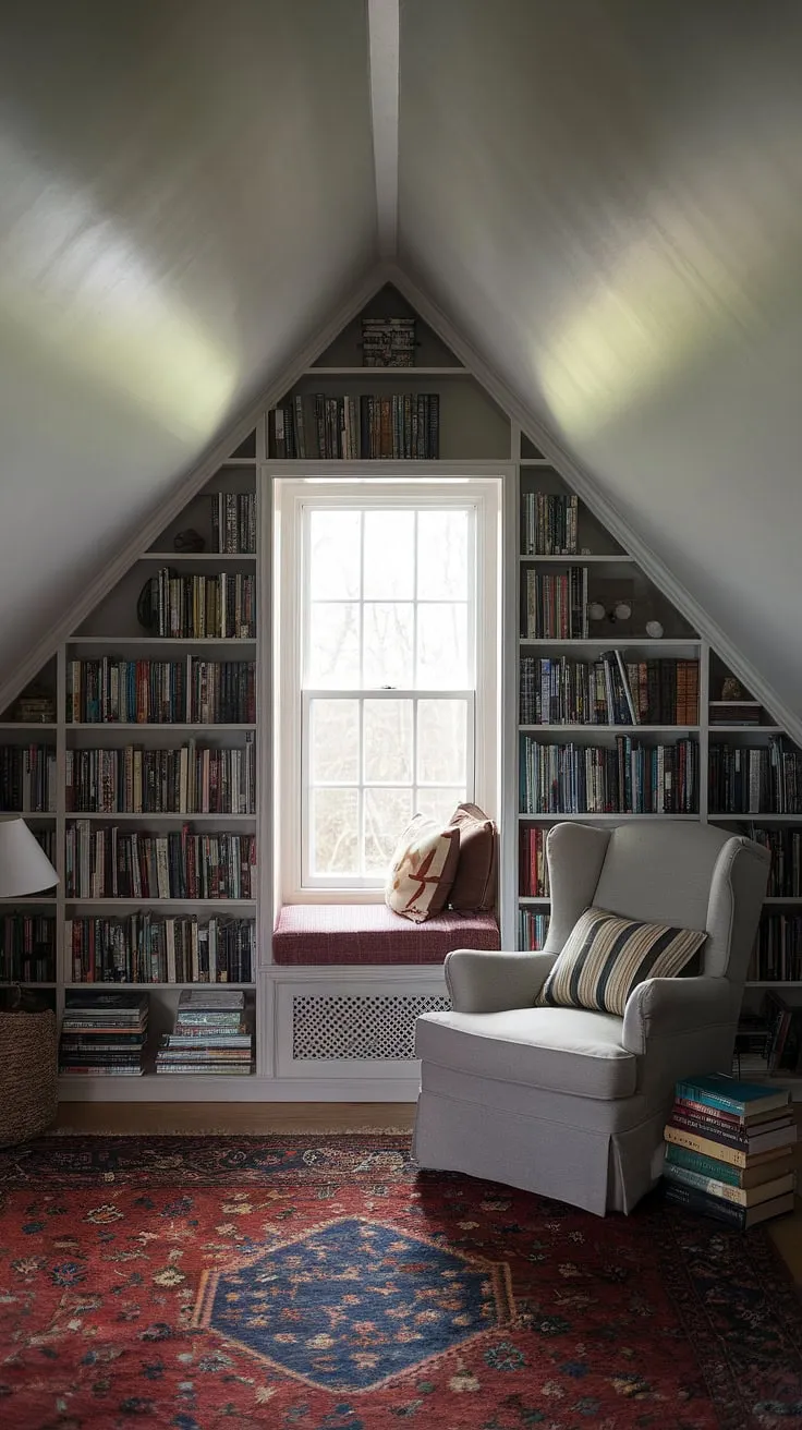Escape to this cozy attic reading nook, a haven of books nestled under a slanted ceiling. The dormer window and bay window reading nook offer the perfect spot to lose yourself in a good book. This small attic library is an upstairs reading nook dream.