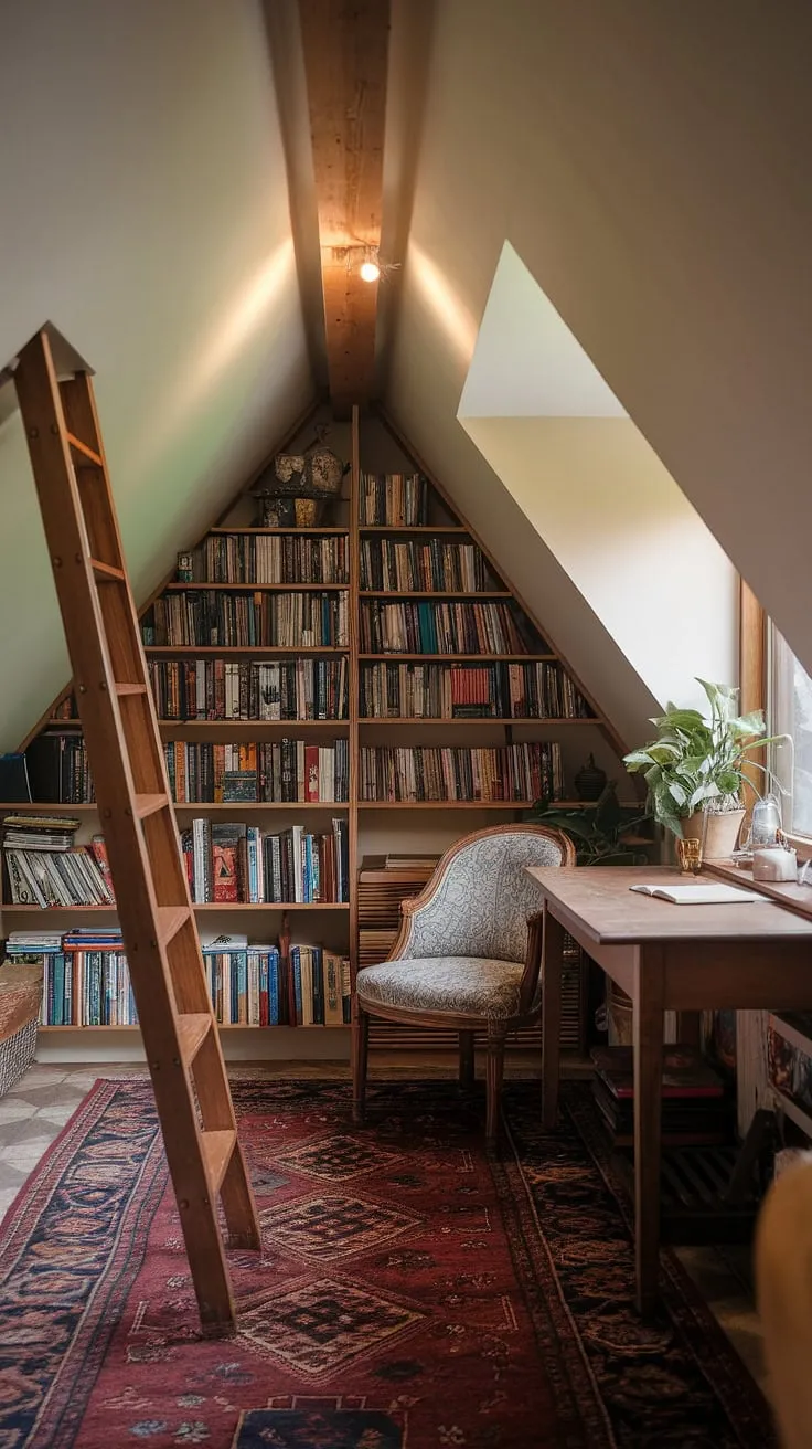 Nestled under the slanted ceiling of this charming attic, a cozy reading nook awaits. The small attic library, complete with bookshelves overflowing with stories, offers a quiet escape. A ladder leans invitingly against the wall, hinting at further literary treasures. The reading nook by window, bathed in warm light, features a wooden table and patterned chair, perfect for losing oneself in a good book. A potted plant adds a touch of nature to this upstairs reading nook, creating a tranquil atmosphere in this dormer reading nook. The bay window reading nook offers a peaceful retreat.