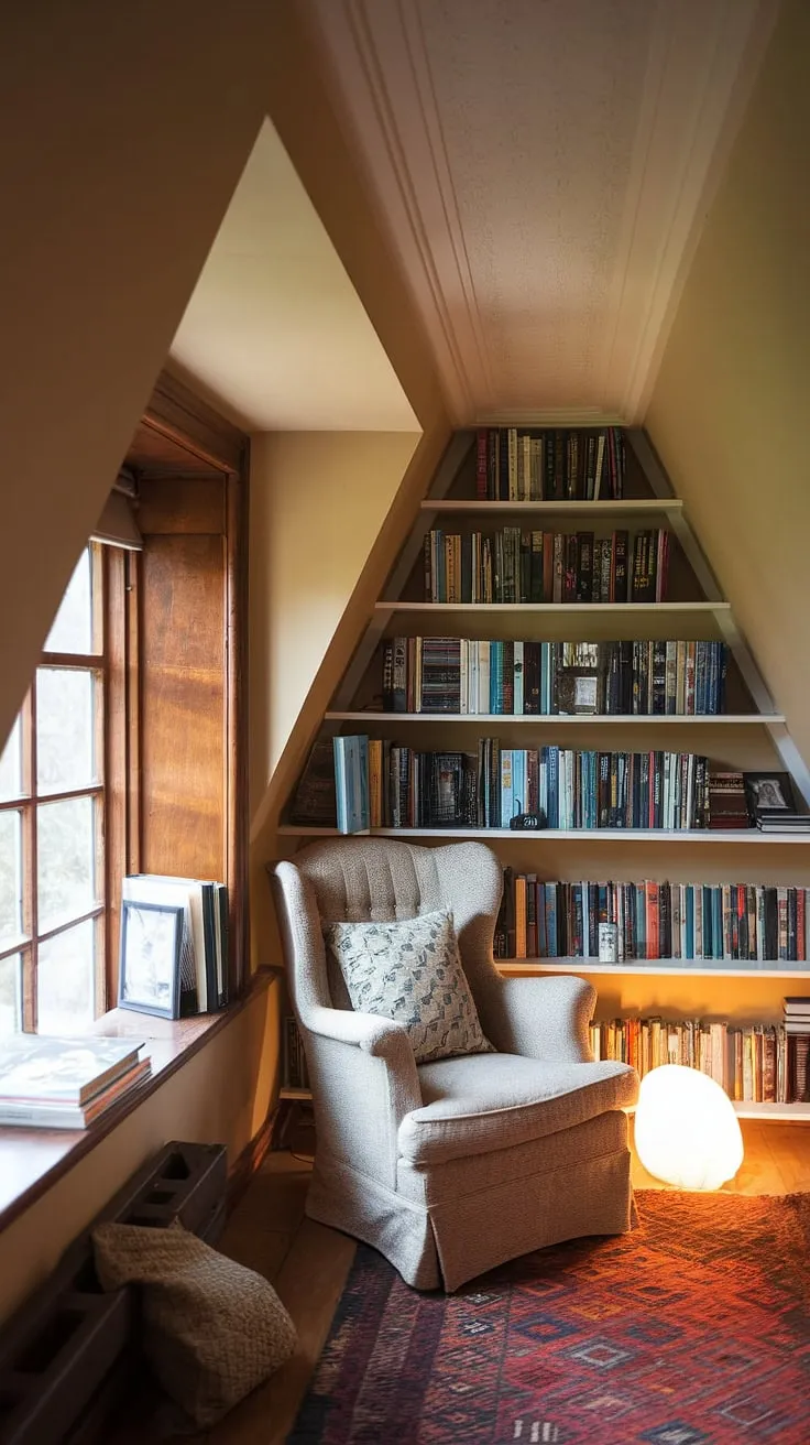 This upstairs reading nook, tucked away in a dormer window of the attic, is a haven for book lovers. The slanted ceiling reading nook features a small attic library built into the walls, and a comfortable armchair positioned perfectly to enjoy the natural light. A few books rest on the window ledge of this idyllic reading nook by window, adding to the charm of this bay window reading nook.