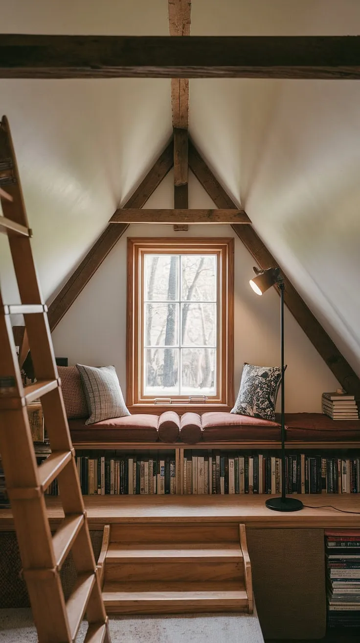 Escape to this enchanting attic reading nook, a haven nestled beneath the slanted ceiling, complete with a small attic library and a reading nook by window. The dormer reading nook offers a peaceful upstairs reading nook retreat.