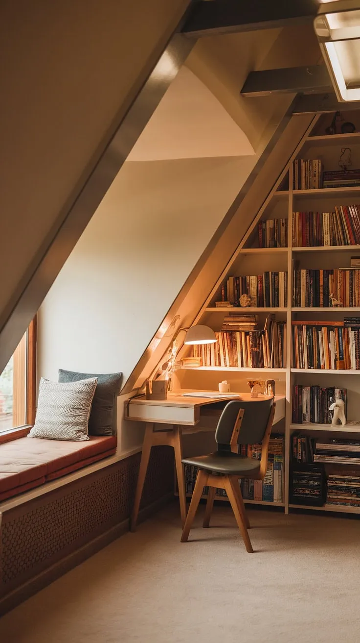 My cozy attic reading nook, complete with slanted ceiling, dormer window, and a small attic library—the perfect upstairs reading nook for escaping into a good book. Reading nook by window bliss.