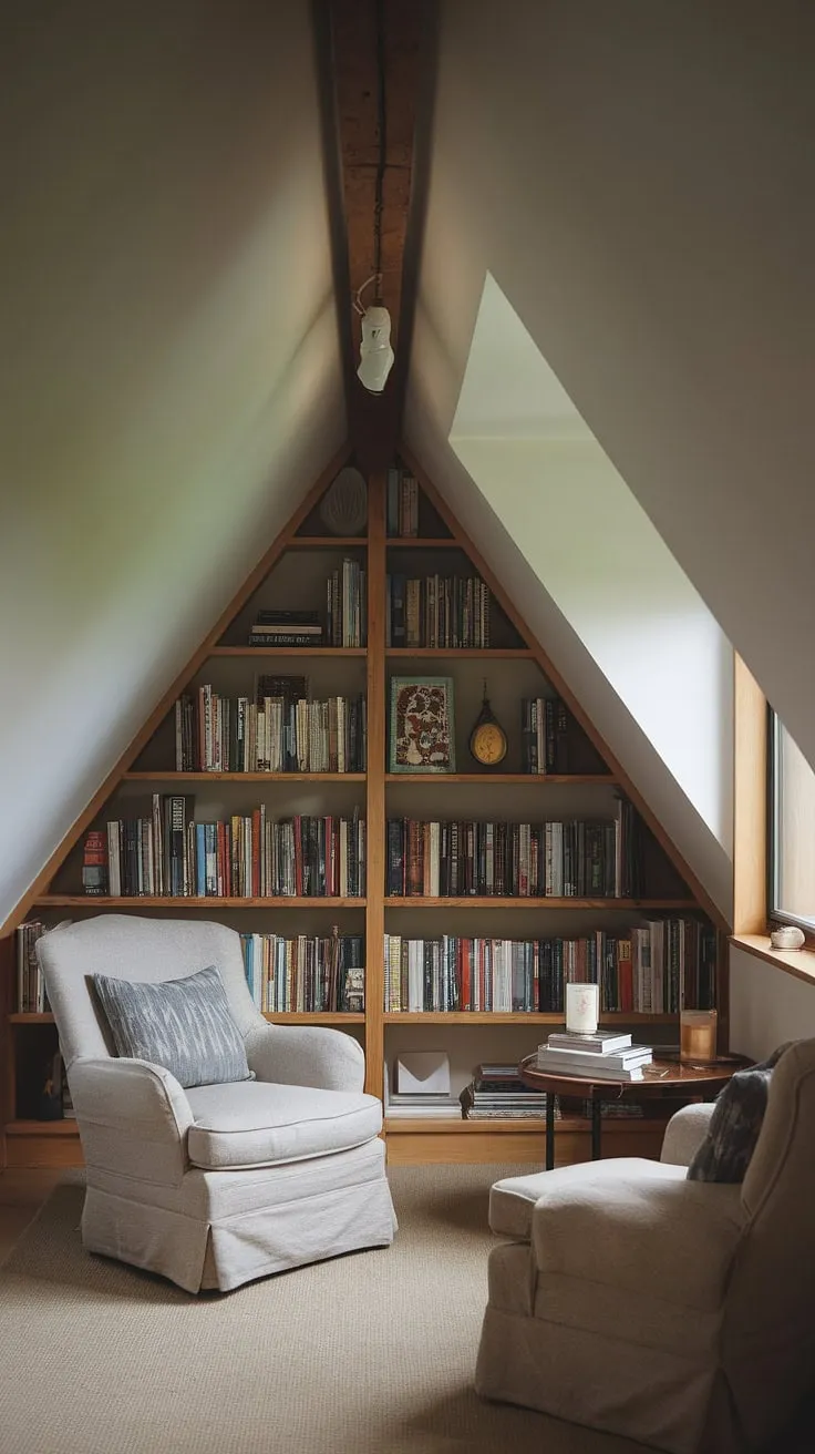 Lost in a world of words in my cozy attic reading nook, the slanted ceiling and dormer window adding to the charm of this upstairs reading nook and small attic library. Reading nook by window, pure bliss.
