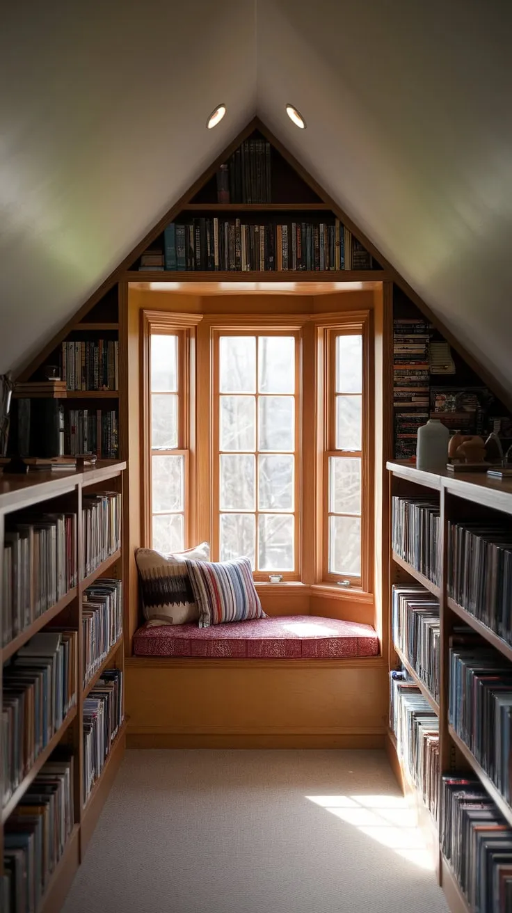 My upstairs reading nook, a dormer window sanctuary overflowing with books. This slanted ceiling reading nook by the bay window is the perfect escape in my small attic library.
