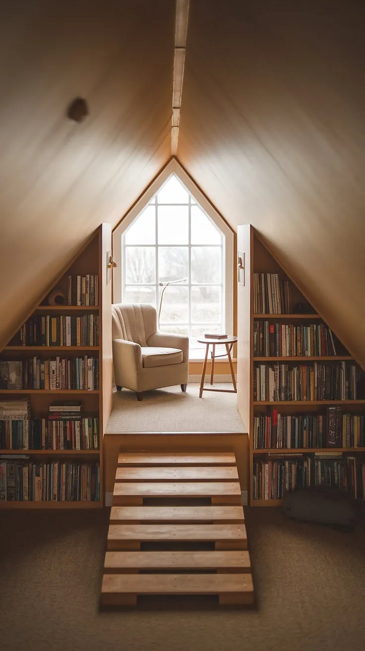 Sunlight streams into this idyllic dormer reading nook, nestled within the slanted ceiling attic. A small wooden ramp leads up to a cozy chair and table, surrounded by shelves overflowing with books—a small attic library perfect for escaping into another world. The bay window reading nook offers breathtaking views, making it the ultimate upstairs reading nook.