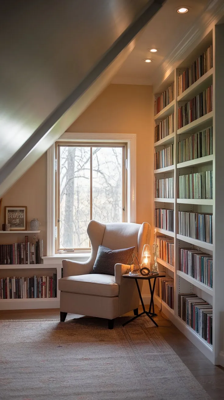 This slanted ceiling reading nook is a haven for book lovers. The reading nook by window, a charming bay window reading nook, overlooks a picturesque treetop view. Surrounded by the comforting ambiance of a small attic library, with its built-in shelves brimming with stories, this upstairs reading nook is the ultimate escape.
