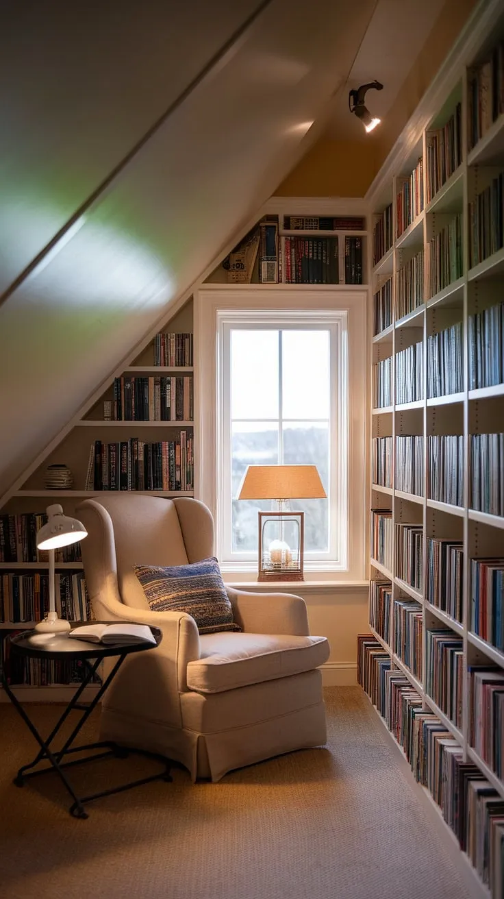 Escape to my slanted ceiling reading nook—a small attic library tucked away, perfect for quiet afternoons reading by the window. This bay window reading nook is my happy place.