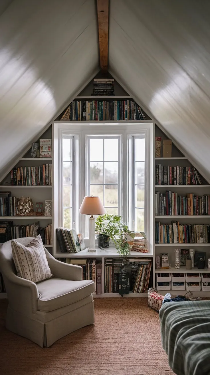 Escape to this idyllic slanted ceiling reading nook, a haven for book lovers. Nestled in the attic, this small attic library boasts a bay window reading nook, where sunlight streams in, illuminating the shelves brimming with stories. A comfortable chair sits invitingly by the window, the perfect spot to lose yourself in a captivating read in this upstairs reading nook. The gentle glow of a lamp and the calming presence of a plant add to the cozy charm.