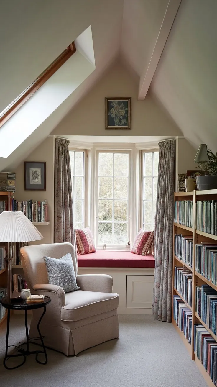 Escape to this enchanting attic reading nook, nestled under a slanted ceiling and warmed by the glow of a dormer window. A small attic library perfect for losing yourself in a good book.