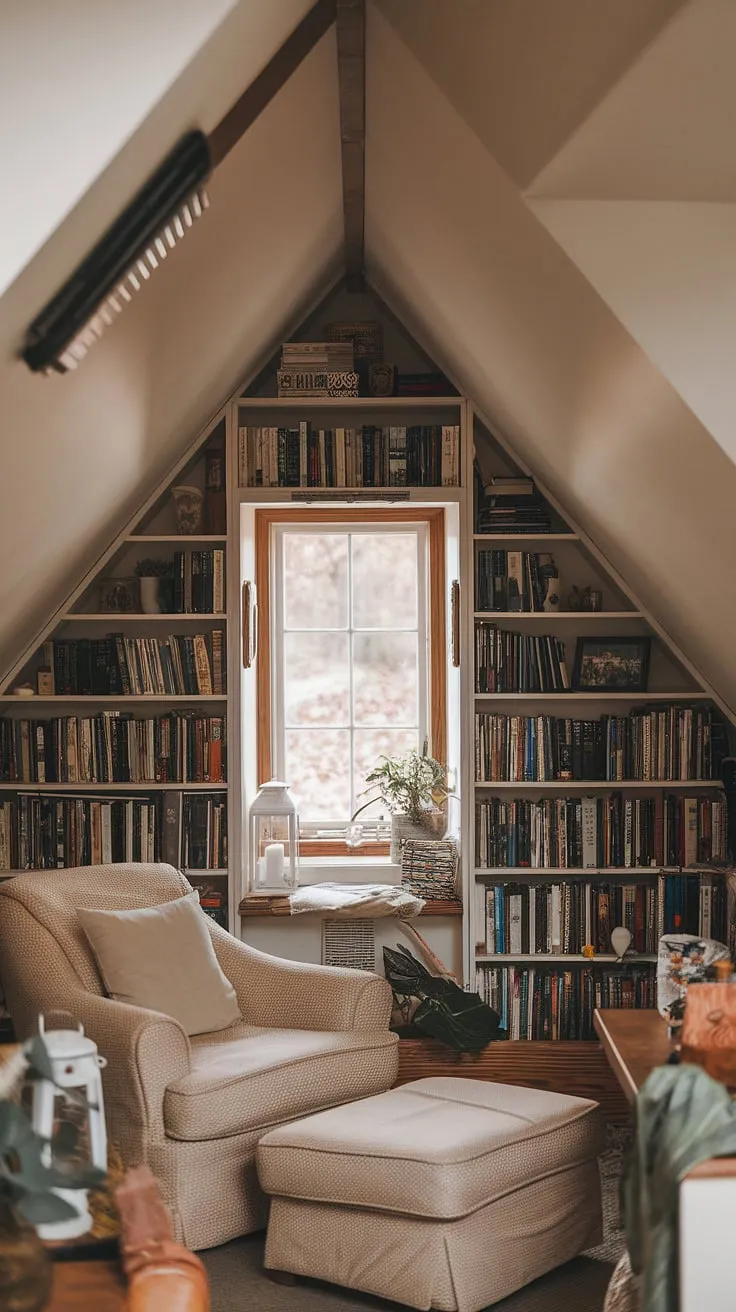 Escape to this enchanting attic reading nook, nestled beneath a slanted ceiling and bathed in natural light from the bay window reading nook. The small attic library, overflowing with books, creates the perfect atmosphere for quiet contemplation in this cozy upstairs reading nook. A comfortable chair and small table complete this charming dormer reading nook.