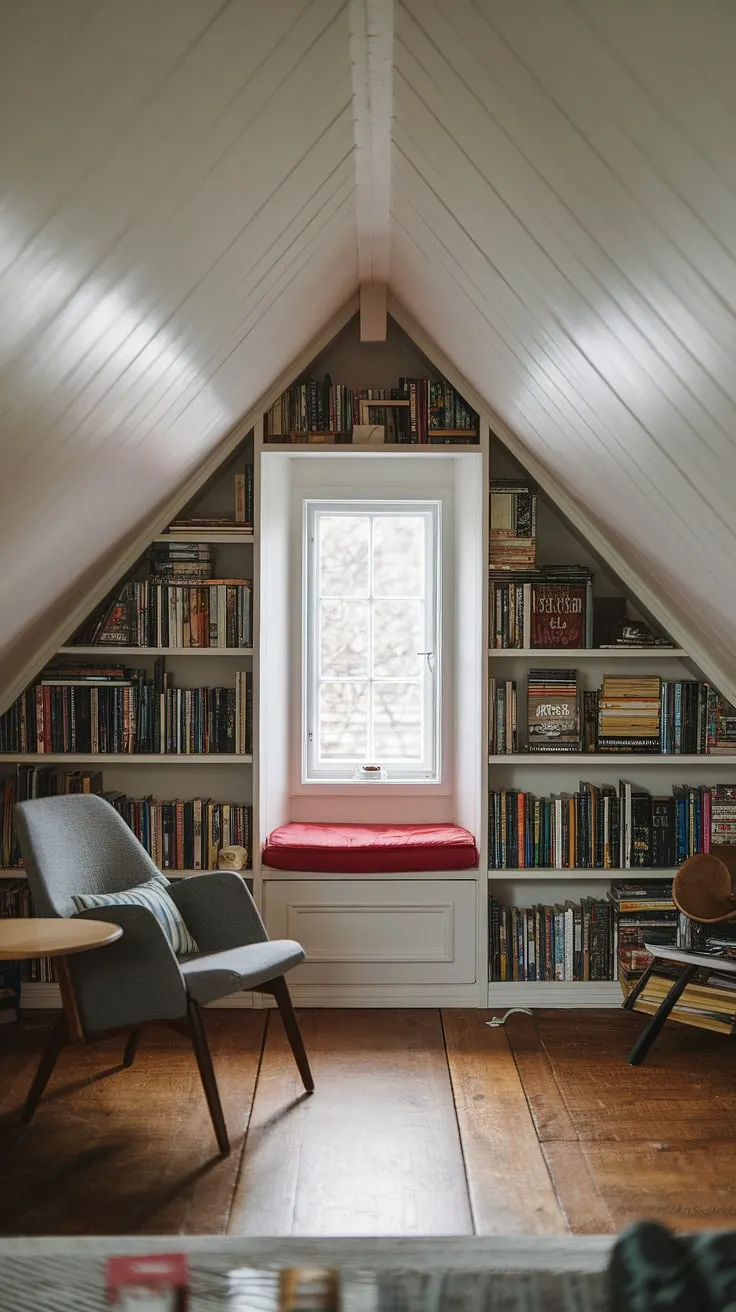 Sunlight streams into this idyllic slanted ceiling reading nook, tucked away in the attic. A small window seat beckons, inviting you to settle in with your favorite novel in this cozy upstairs reading nook. The wooden floor and overflowing bookshelves complete the ambiance of this small attic library, a true reading nook by window, offering a quiet retreat from the world.