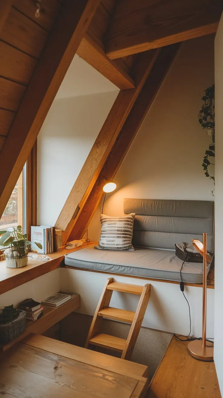 Escape to this cozy attic reading nook, nestled in a charming dormer with a slanted ceiling. The perfect upstairs reading nook, a small attic library where stories unfold.