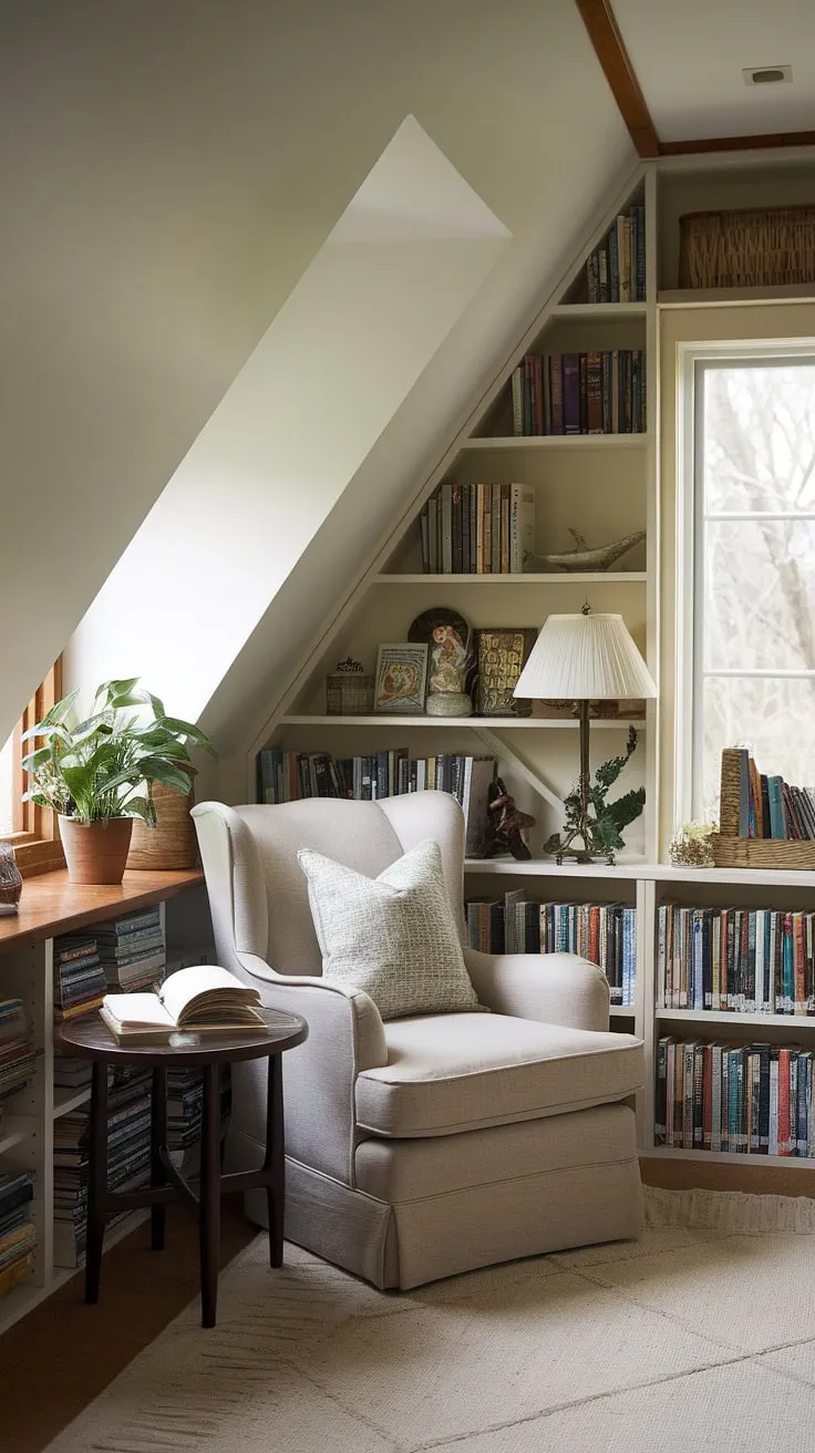Lost in a world of words within this charming attic reading nook. The slanted ceiling and dormer window create a unique atmosphere in this small attic library, perfect for escaping into a good book. A comfortable chair sits beside a small table, holding a lamp, a book, and a touch of greenery, all bathed in the soft light from the nearby window. This upstairs reading nook, nestled by the window, offers a peaceful retreat. This bay window reading nook is the perfect spot to lose yourself in a story.