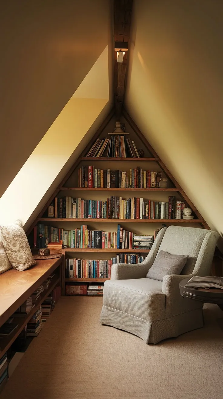 This charming attic reading nook, tucked away under the slanted ceiling, offers a peaceful retreat. The reading nook by window, complete with a small collection of books, creates a captivating small attic library in this upstairs reading nook.
