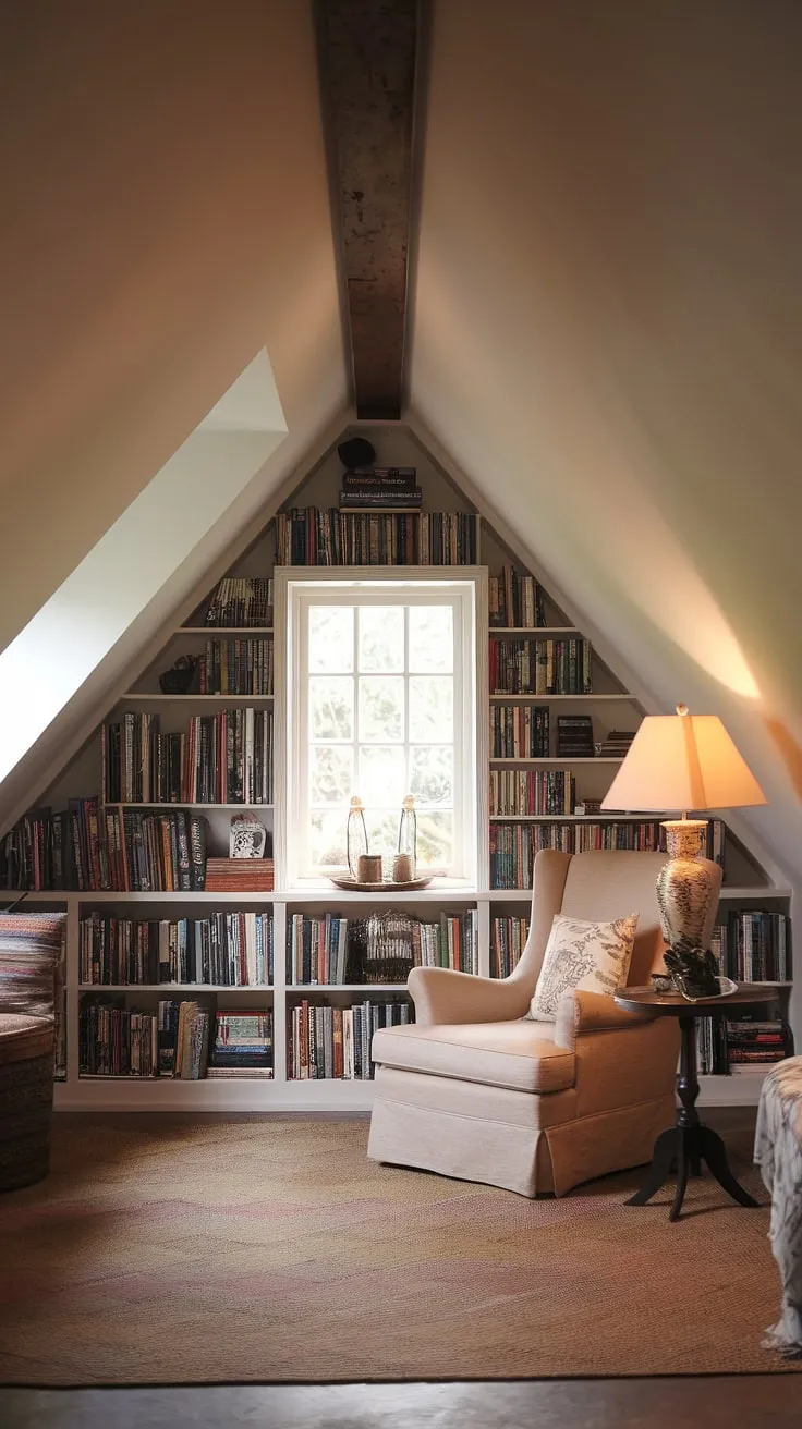 My upstairs reading nook, a haven tucked away in the attic. This bay window reading nook, complete with a small attic library, is the ultimate slanted ceiling reading nook for book lovers.