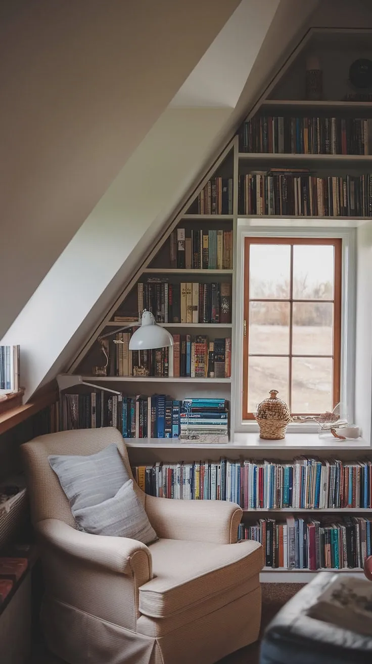 Escape to this cozy attic reading nook, nestled under a slanted ceiling and filled with the comforting scent of old books. A small attic library, perfect for quiet afternoons spent reading by the window.