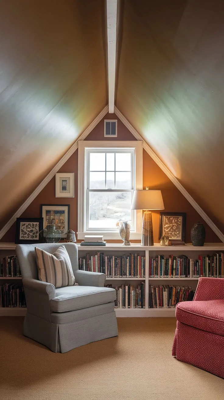Escape to this cozy attic reading nook, nestled in a dormer with a bay window view and a small attic library overflowing with stories. The slanted ceiling reading nook creates the perfect upstairs reading nook for quiet contemplation.