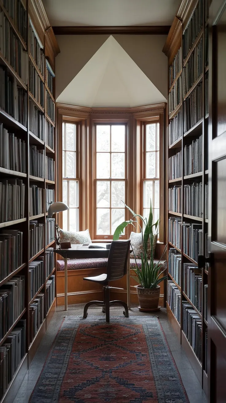 Lost in a world of words within this charming small attic library. The slanted ceiling reading nook, nestled by a bay window reading nook, offers the perfect escape. A dormer reading nook provides a cozy upstairs reading nook, complete with a small desk, comfortable chair, and a potted plant adding a touch of nature to this attic reading nook.