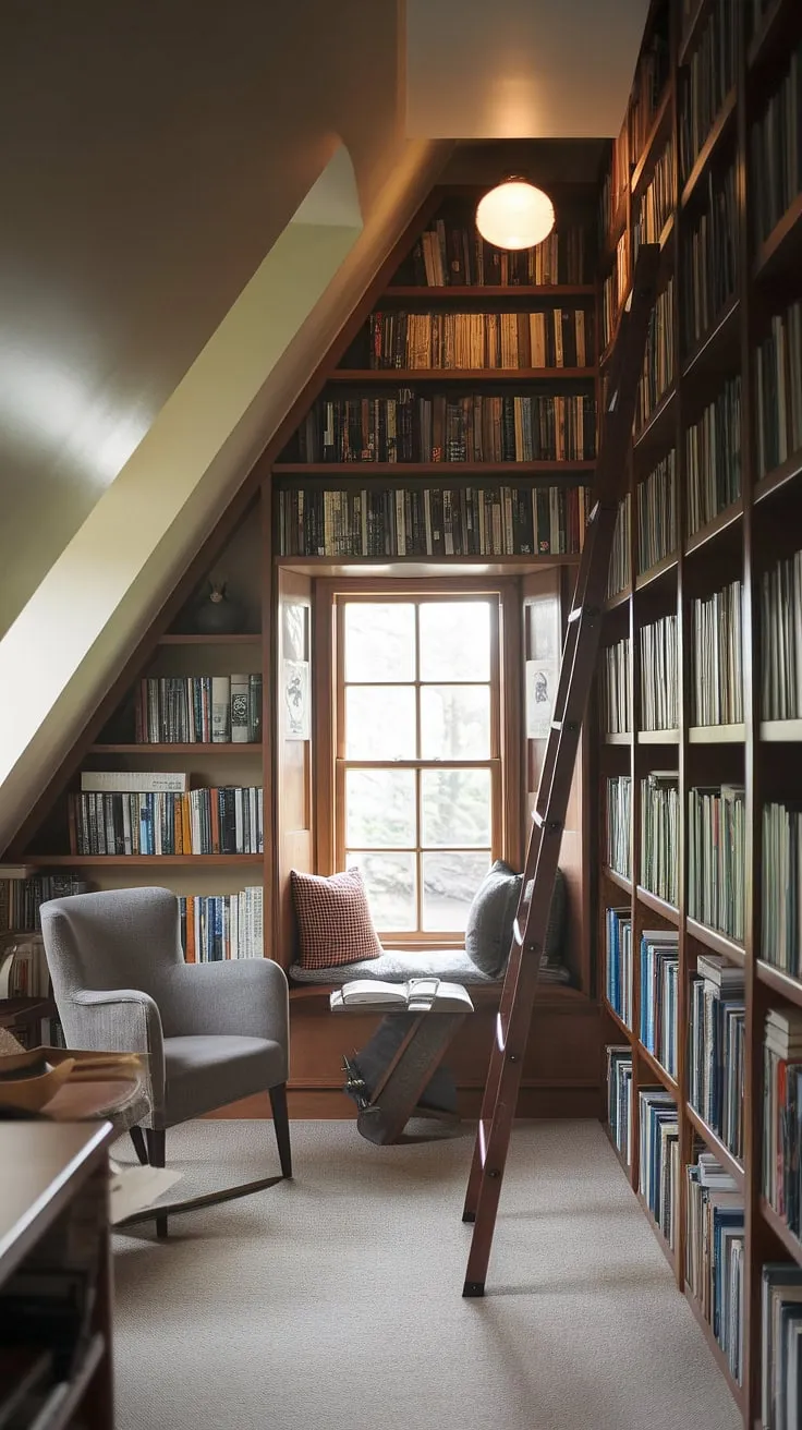 Lost in the pages of countless stories within this small attic library. The slanted ceiling reading nook, nestled beneath a dormer window, offers the perfect sanctuary for quiet contemplation. A reading nook by window, bathed in warm light, completes this upstairs reading nook, a charming bay window reading nook where books and tranquility meet. The ladder to the top shelf hints at untold adventures yet to be discovered.