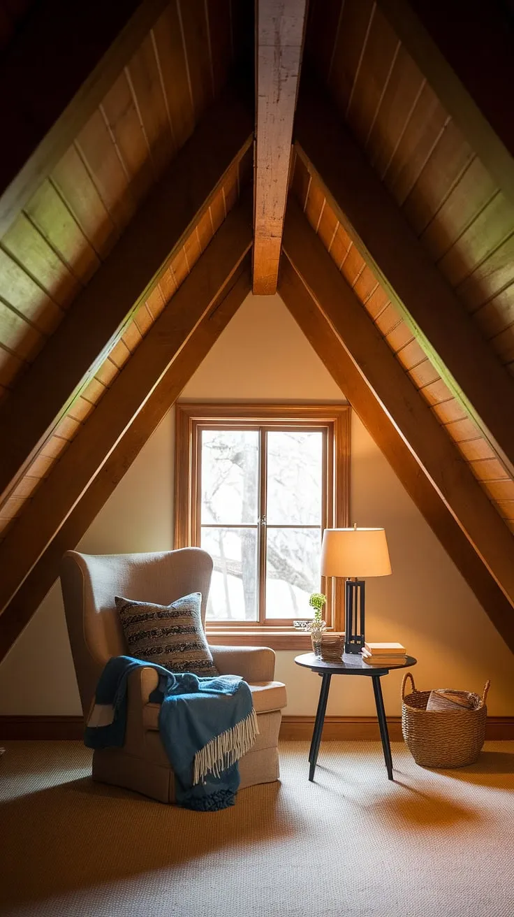 Sunlight streams into this idyllic dormer reading nook, illuminating a cozy armchair draped in a blue blanket. The slanted ceiling, a charming feature of this upstairs reading nook, is accented by exposed wooden beams. A small table beside the bay window holds a few well-loved books and a lamp, transforming this small attic library into the perfect escape.