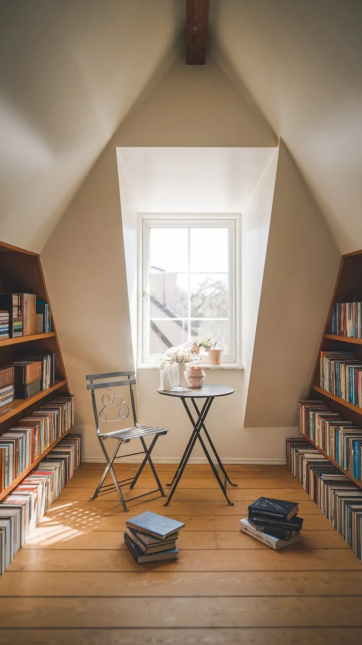 Sunlight streams into this charming attic reading nook, a perfect sanctuary nestled under the slanted ceiling. This small attic library, complete with a dormer reading nook and bay window reading nook, offers the ultimate upstairs reading nook escape.