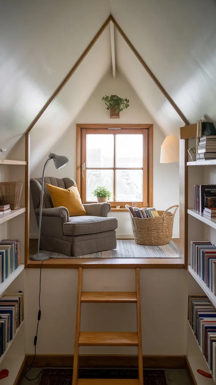 Escape to this enchanting dormer reading nook, a small attic library tucked away in the slanted ceiling. The perfect bay window reading nook awaits, complete with a cozy armchair and a basket brimming with stories.