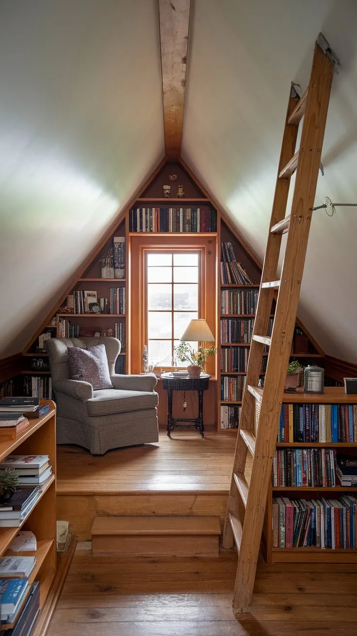 Escape to this enchanting dormer reading nook, nestled in the slanted ceiling attic. A small wooden staircase leads up to a haven of bookshelves, creating a small attic library perfect for quiet contemplation. The plush armchair by the bay window reading nook, framed by decorative wood, offers the ideal spot to lose yourself in a good book, with a lamp and plant adding a touch of homeliness to this upstairs reading nook. A ladder leans against the wall, adding to the attic's charming character.