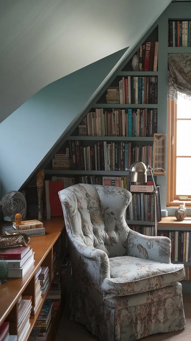 My upstairs reading nook, a dormer reading nook transformed into a cozy sanctuary. This slanted ceiling reading nook, complete with a small attic library and bay window reading nook, is my happy place.