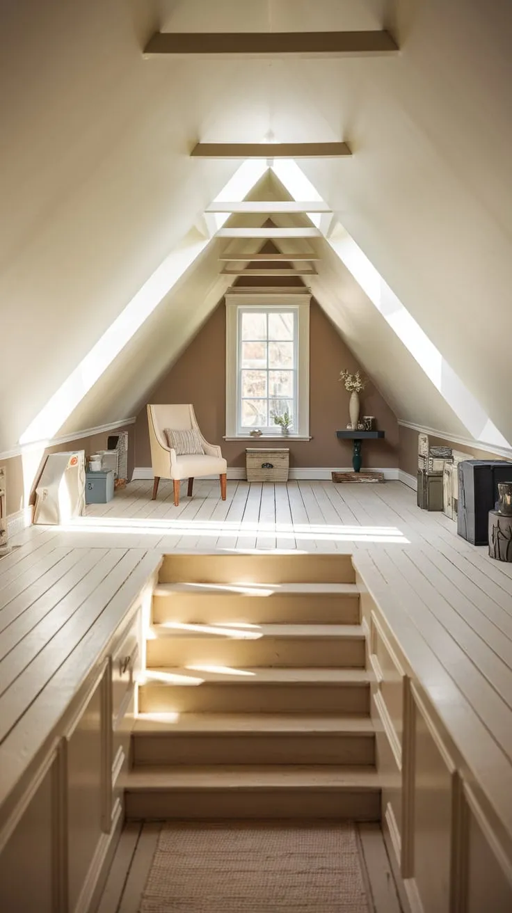 Sunlight streams through the dormer window, beckoning you up the charming attic stairs into a cozy haven where thoughtfully arranged furniture whispers promises of relaxation and sparks of inspiration.