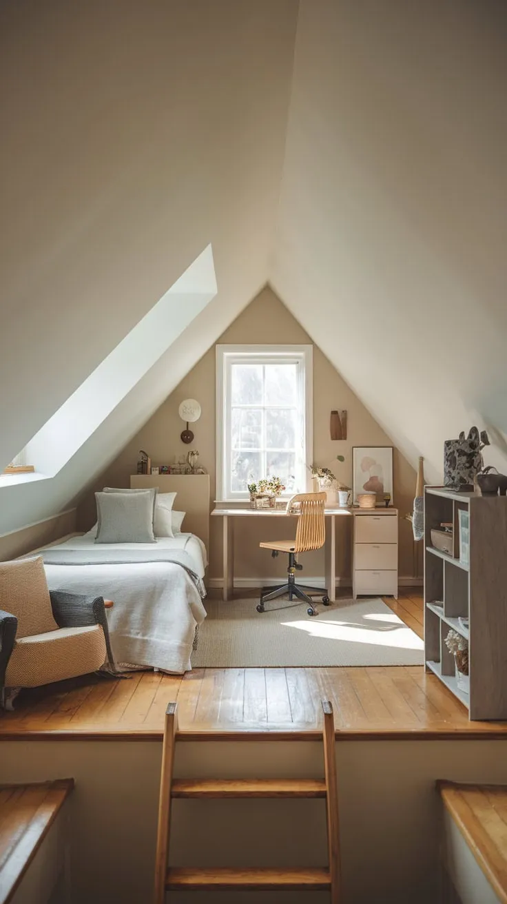 Each step up the attic stairs hints at the sanctuary above, where a thoughtful hand has crafted an inviting haven; the furniture whispers stories, and the warm wooden floors promise a tranquil escape.