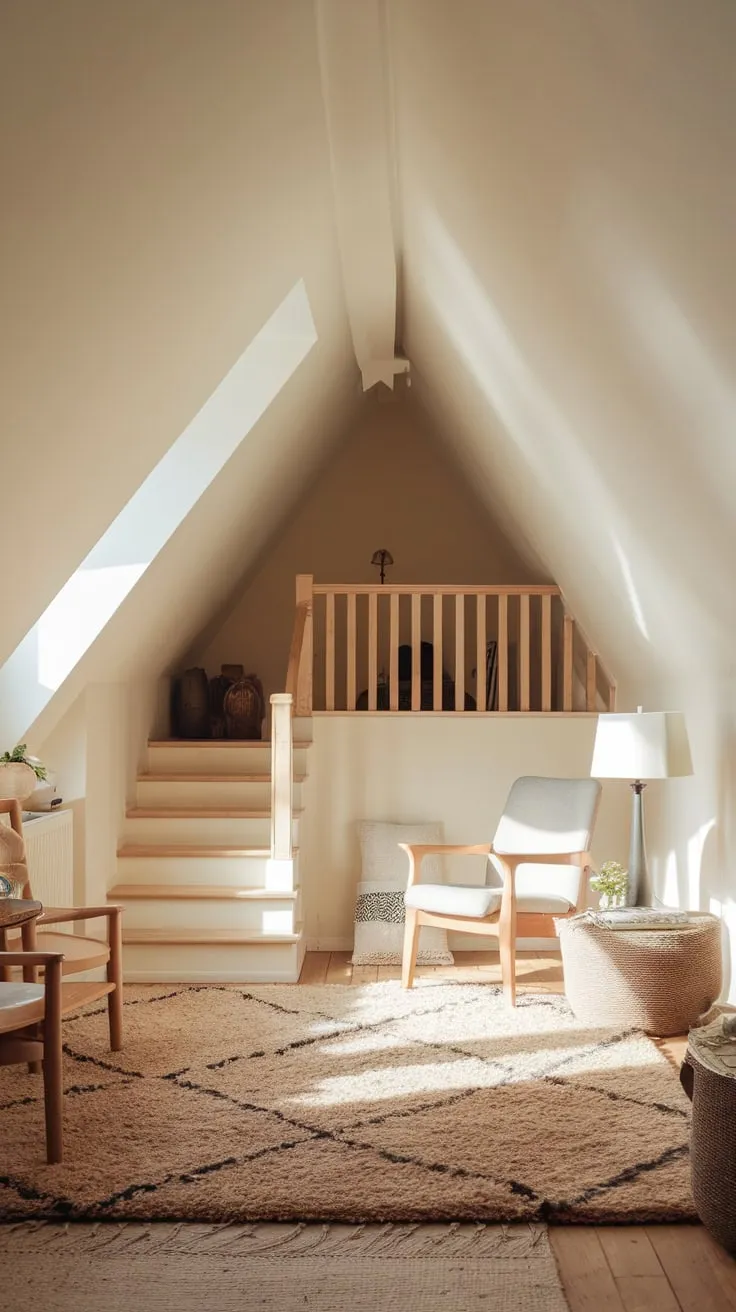 The inviting attic, with its warm neutral tones and carefully arranged furniture, beckons you to ascend the wooden stairs and discover a world of comfort and tranquility.