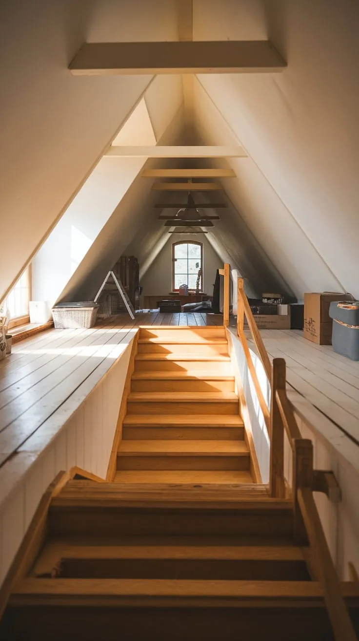 The aged wooden stairs creak a welcome as you ascend, the attic's inviting aura promising untold stories whispered from neatly arranged relics and cozy nooks just waiting to be discovered.